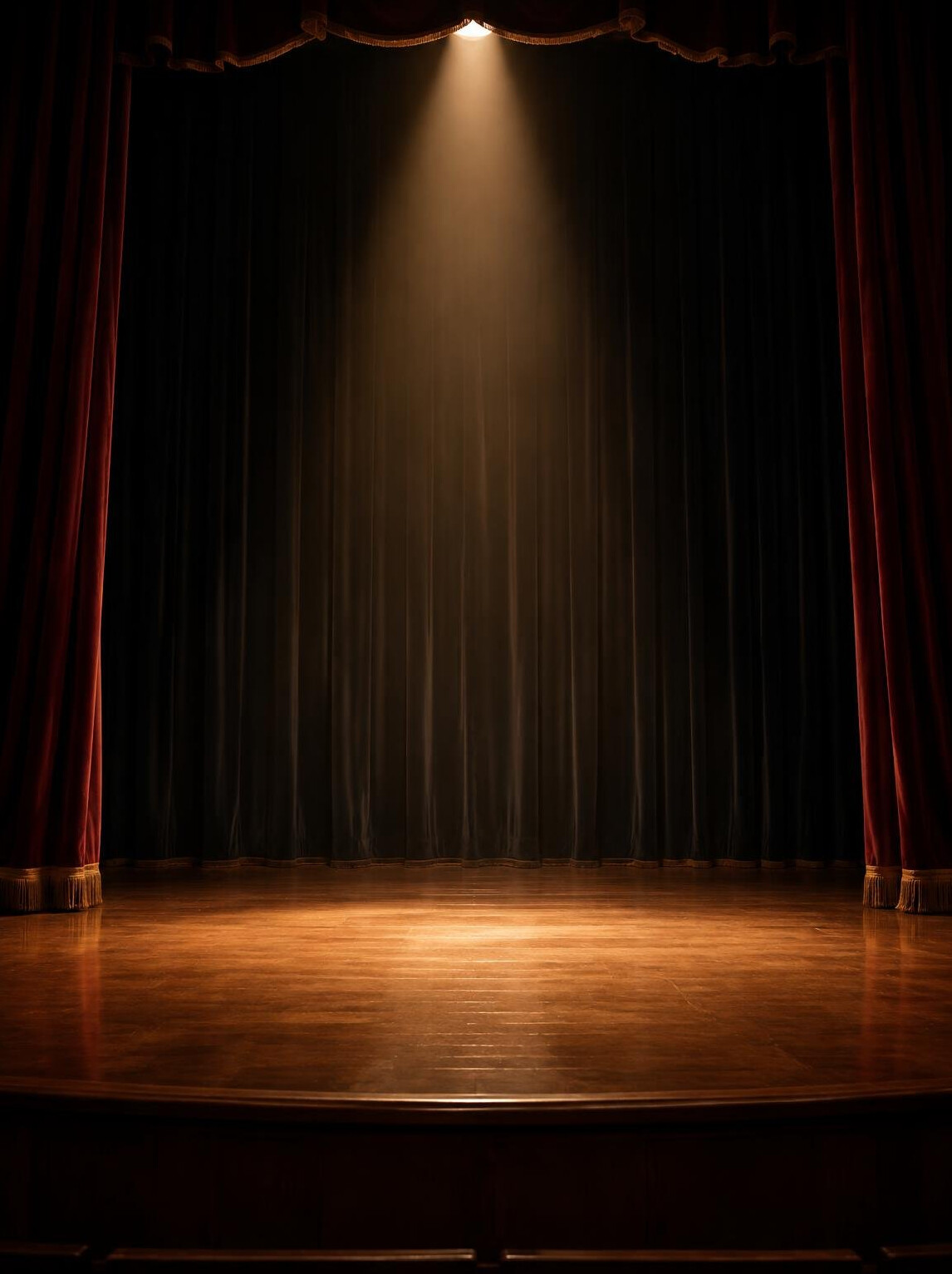 Empty theatre stage with a single soft spotlight and velvet curtains